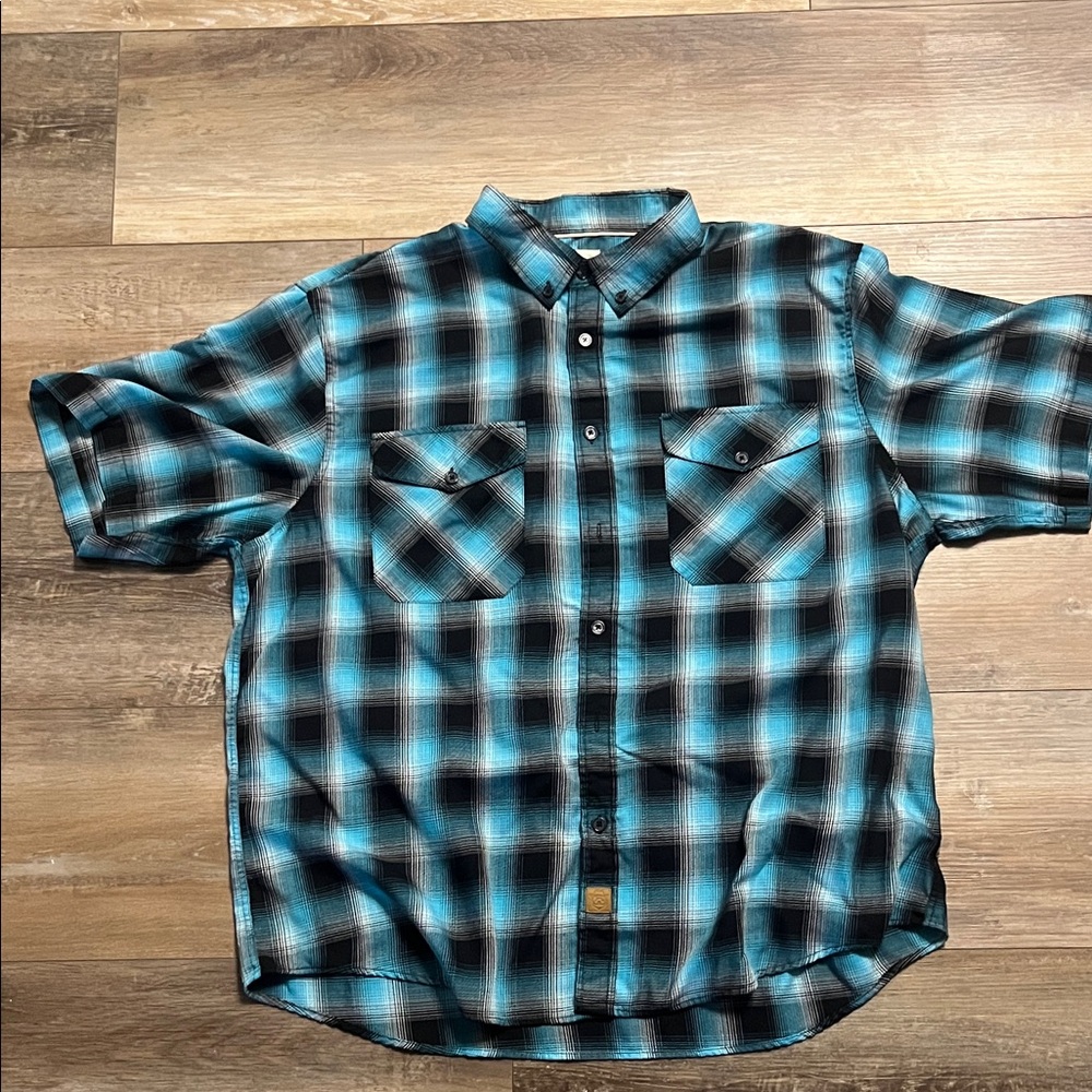 Men's Short-Sleeve Blue Plaid Button-Up Shirt